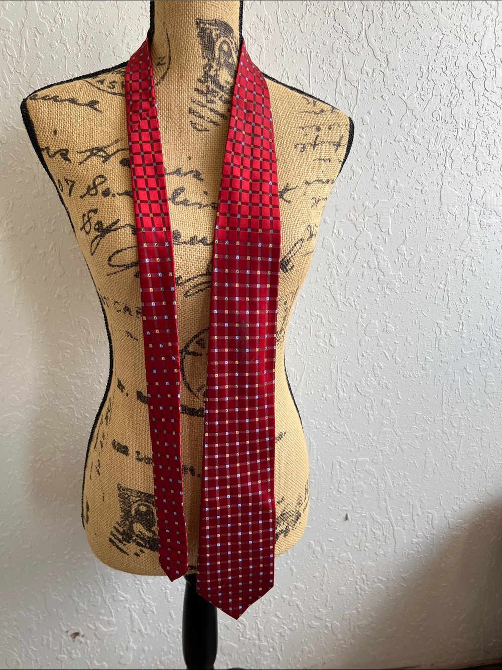 Claiborne Red Tie with Small Geometric Square Pattern